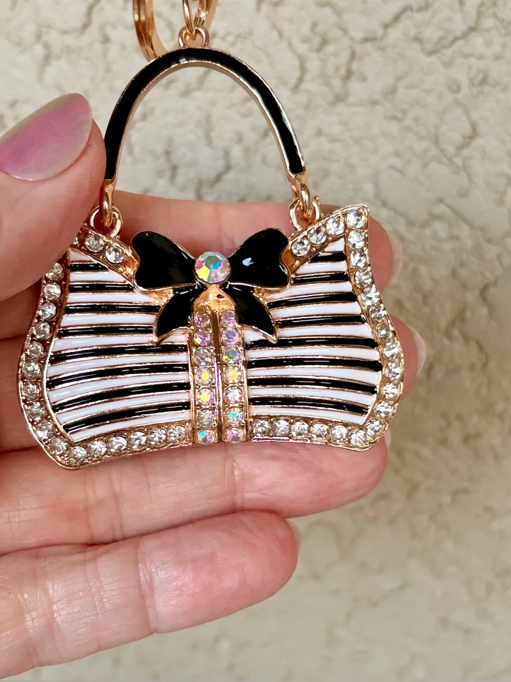 Posh Gold-tone Rhinestone Black & White Striped Purse Keychain